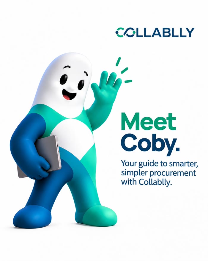 Coby, Collablly's mascot, waving and holding a tablet, with the text Meet Coby: your guide to smarter, simpler procurement with Collablly